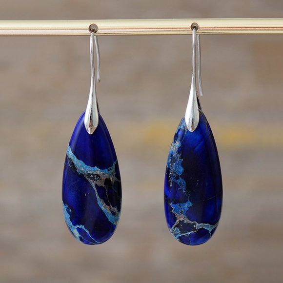 Handmade Jewelry - Natural Stone Sea Sediment Bohemian Women Dark Blue Healing Luxury Earrings Gift